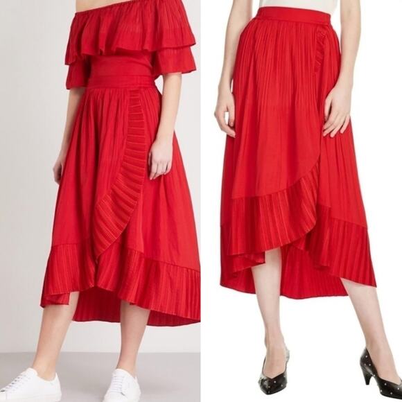 Maje Jonette Red Satin Pleated Midi Skirt Small Satin Ruffle Tulip Hem Stretchy - Picture 1 of 6